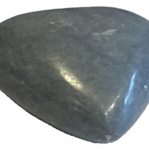 Smooth polished blue angelite carved heart crystal showing natural white mineral flecks on a white background